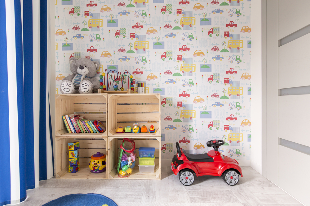 Small,Room,With,Colorful,Wallpaper,Designed,For,Boy.,By,The