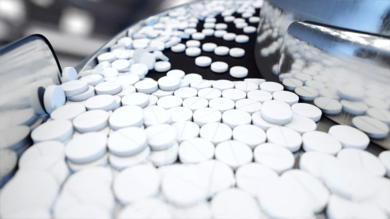 Process of production of pills, tablets. Industrial pharmaceutical concept. Factory equipment and machine. Steel. 3d rendering.
