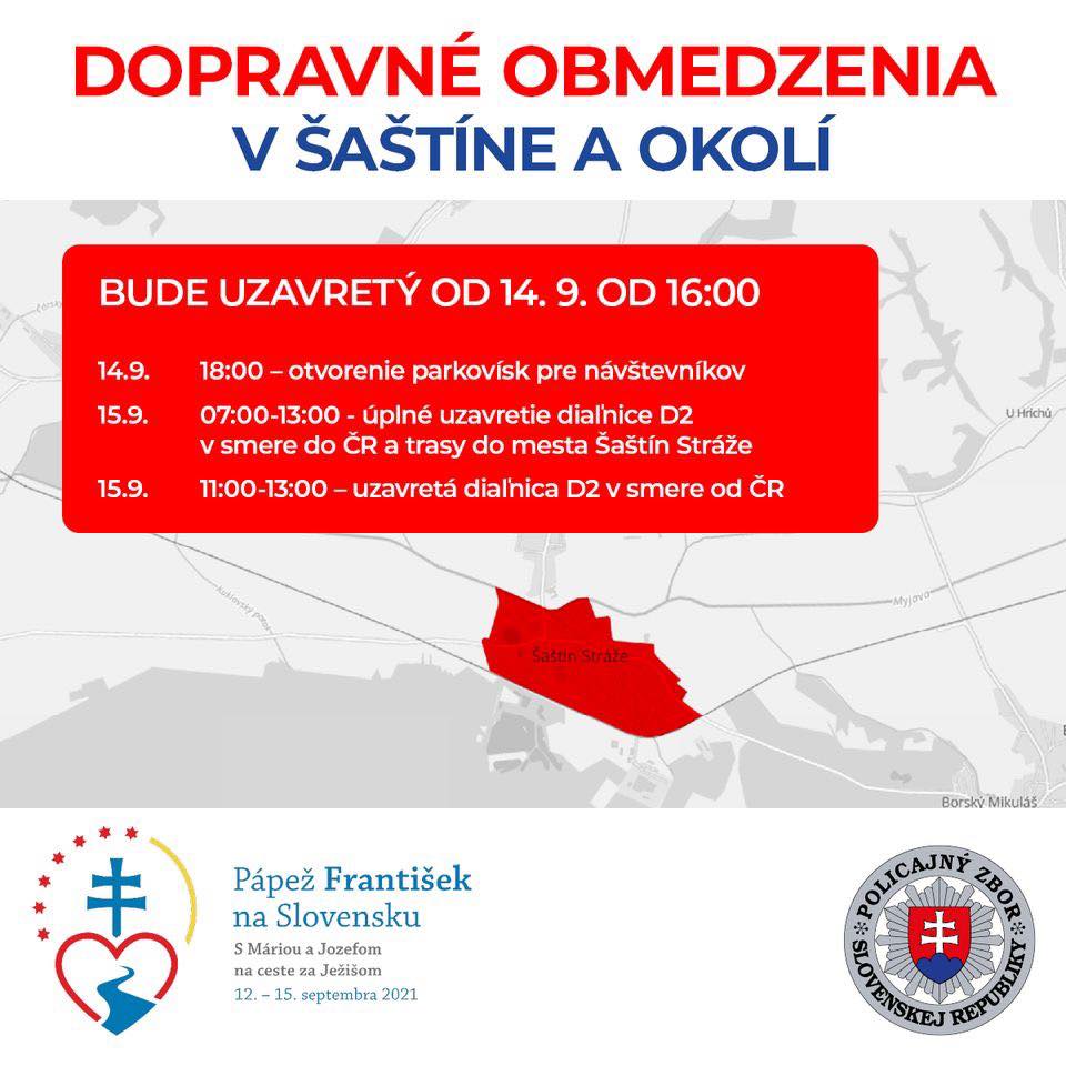 Dopravné obmedzenia, Šaštín, návšteva pápeža na Slovensku