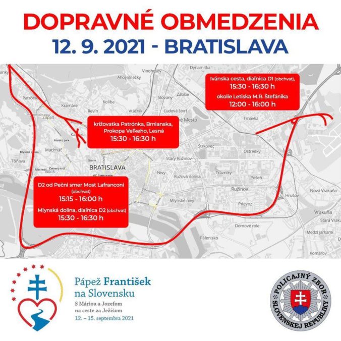 Dopravné obmedzenia, Bratislava, návšteva pápeža na Slovensku