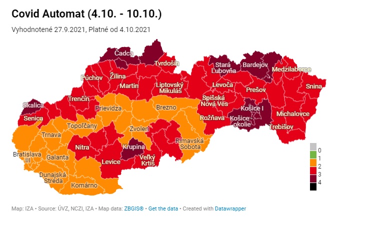 COVID automat, červené okresy, bordové okresy, oranžové okresy