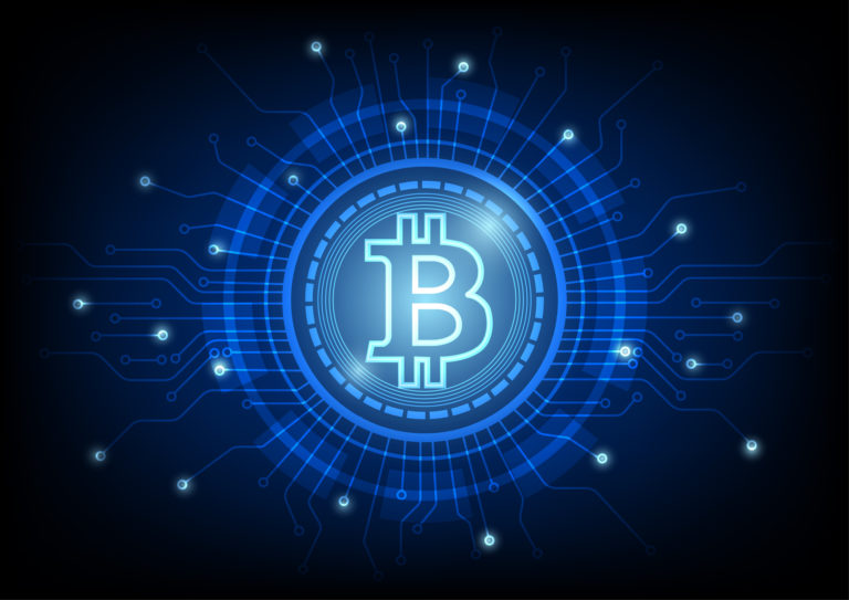 Cryptocurrency bitcoin concept. Digital abstract technology blue background