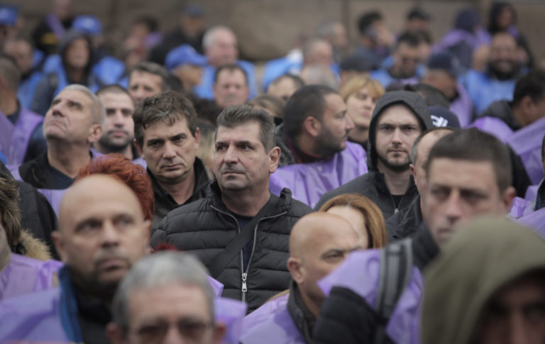 Bulgaria Miners' Protest Hundreds of Bulgarian coal miners and energy workers stage a protest in Sofia, Bulgaria, Wednesday, Oct. 13, 2021, to demand government guarantees for their jobs amid bids by the European Union to close mines and reduce carbon emissions. The financial burden of reducing carbon emissions poses a huge challenge to Bulgaria, which has one of the lowest GDP per capita rates in the EU.  ()