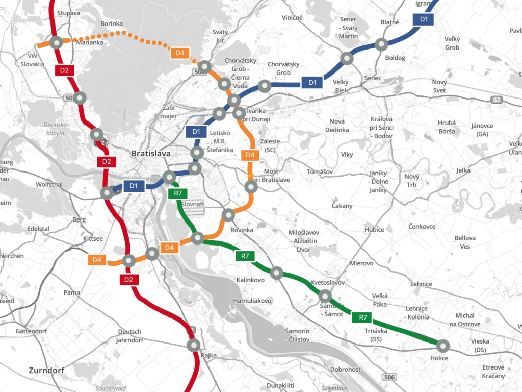 Diaľnica D4, obchvat Bratislavy, mapa