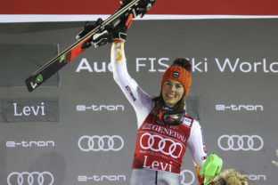 Finland Alpine Skiing World Cup Slovakia's Petra Vlhova celebrates on the podium after winning an alpine ski, World Cup women's slalom in Levi, Finland, Sunday, Nov. 21, 2021.