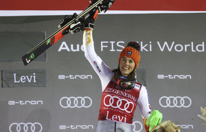 Finland Alpine Skiing World Cup Slovakia's Petra Vlhova celebrates on the podium after winning an alpine ski, World Cup women's slalom in Levi, Finland, Sunday, Nov. 21, 2021.