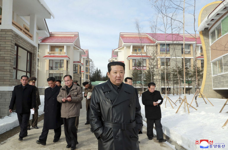 North Korea Kim This undated photo provided on Nov. 16, 2021, by the North Korean government, North Korean leader Kim Jong Un, center, inspects a major development project site in Samjiyon, Ryanggang province, North Korea. Independent journalists were not given access to cover the event depicted in this image distributed by the North Korean government. The content of this image is as provided and cannot be independently verified. Korean language watermark on image as provided by source reads: "KCNA" which is the abbreviation for Korean Central News Agency.