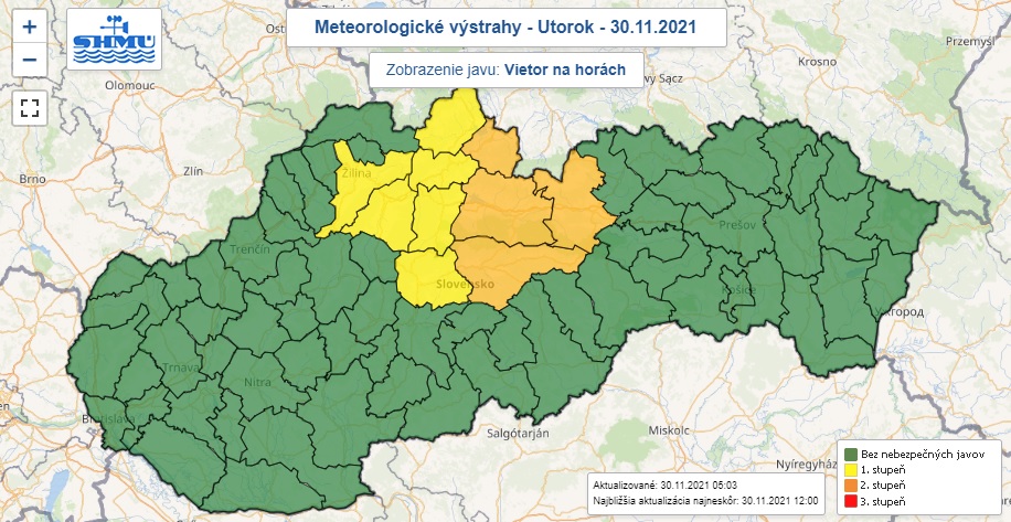 Vietor na horách, výstraha, SHMÚ