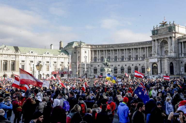 Virus Outbreak Austria People take part in a demonstration against the country's coronavirus restrictions in Vienna, Austria, Saturday, Nov.19, 2021. Thousands of protesters are expected to gather in Vienna after the Austrian government announced a nationwide lockdown to contain the quickly rising coronavirus infections in the country.