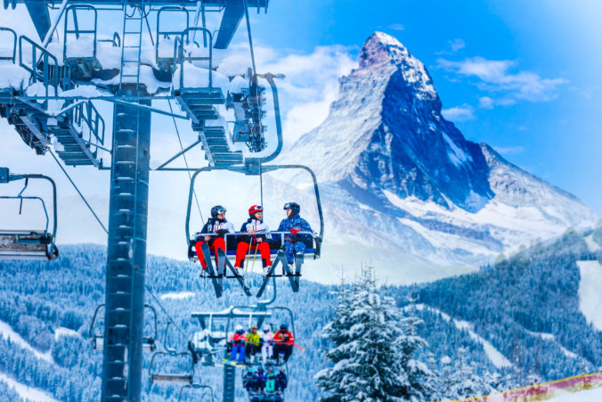 Amazing beautiful view of Gornergrat, Zermatt, Matterhorn ski resort in Switzerland with cable chairlift transport