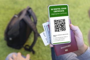 Vaccinated person using digital health passport app in mobile phone for travel during covid 19 pandemic. green certificate. Certificate for confirming vaccination and presence of antibodies