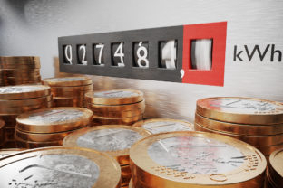 Electrometer is measuring power consumption. Coins in foreground. Expensive electricity concept. 3D rendered illustration.