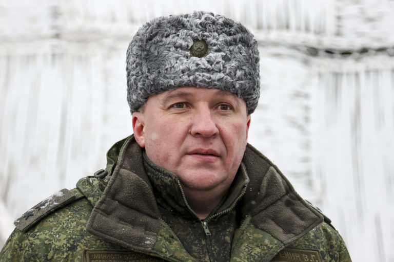 Belarus Ukraine FILE - Belarusian Defense Minister Viktor Khrenin speaks to journalists after attending a meeting with Belarusian President Alexander Lukashenko to inspect military facilities in Luninets in Luninets, Belarus, Friday, Jan. 21, 2022. Belarus' defense minister says joint exercises with Russian troops will continue because of rising tensions in Ukraine.  Tensions