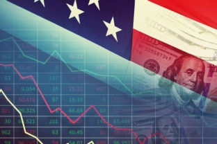 Economic and financial crisis concept. Stock market graphs and usd dollar against ameican flag on the dark background