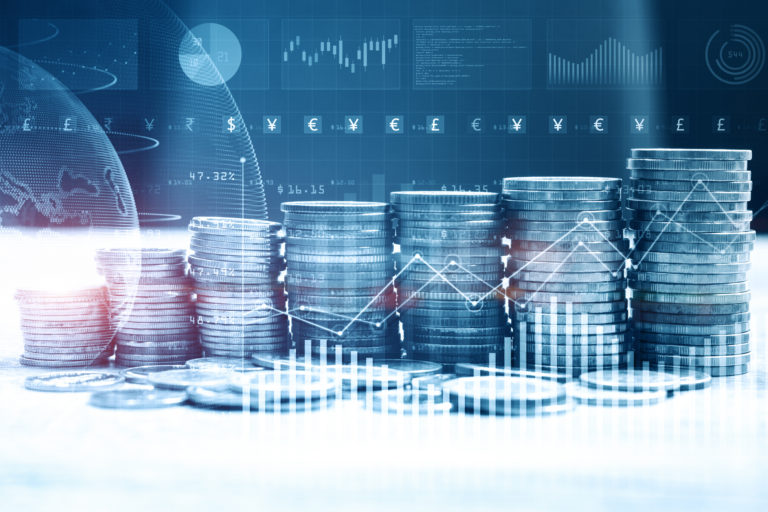 Stack of money coin with trading graph for finance investor. Cryptocurrency digital economy.  Financial investment background concept. 3d rendering