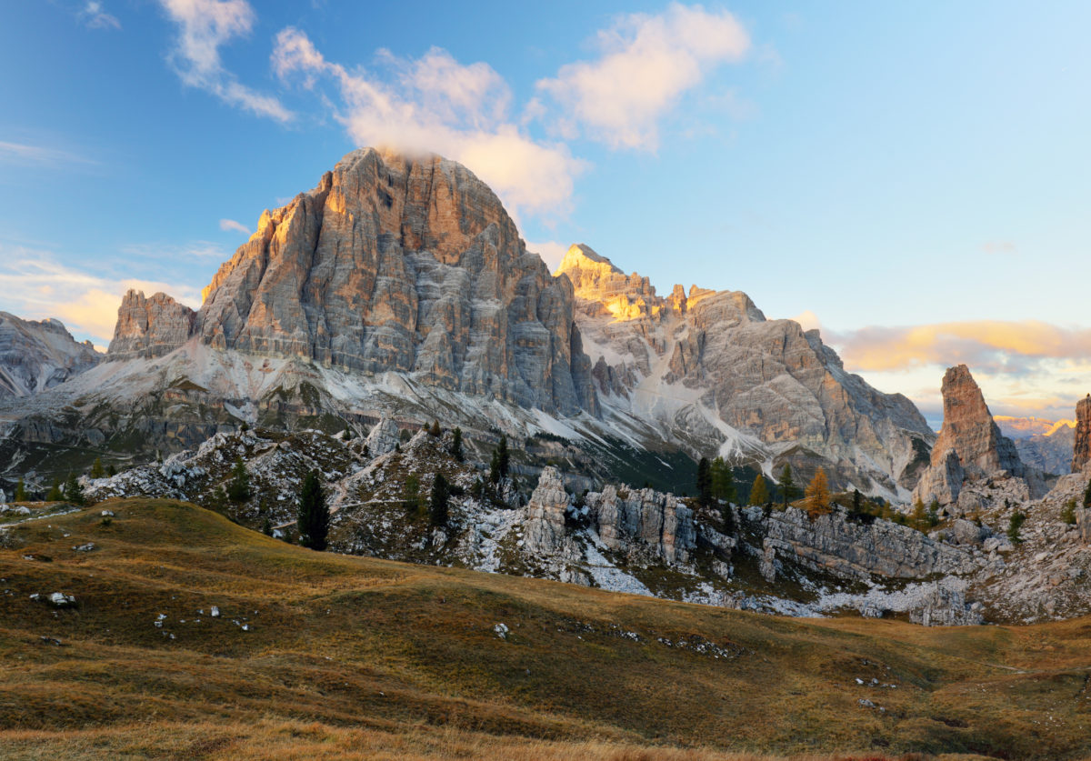 Autumn scene in Dolomites mountain. Tofana, Cinque Torri Dolomites. Italy