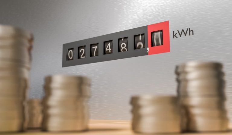 Expensive energy and power consumption concept. Coins in front of electricity meter. 3D rendered illustration.