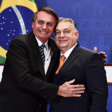 Hungary Brazil Hungarian Prime Minister Viktor Orban, right and Brazilian President Jair Bolsonaro hug each other at the end of a joint press statement at the Carmelite Monastery in Budapest, Hungary, Thursday, Feb 17, 2022. Bolsonaro is on a one day visit to Hungary after his meeting with Russian president Vladimir Putin. (