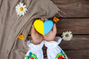 A yellow and blue heart in the hands of a child in an embroidered shirt, against the background of a rough wooden table and daisies.Unity Day, Independence Day of Ukraine, Embroidery Day