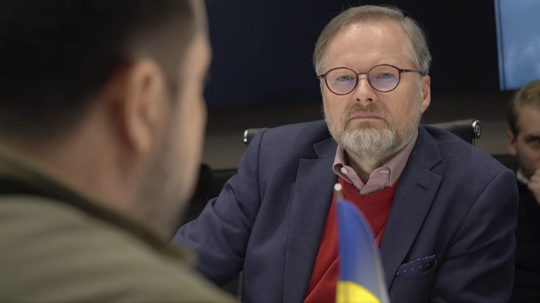 Russia Ukraine War In this image from video provided by the Ukrainian Presidential Press Office, Czech Republic Prime Minister Petr Fiala listens during a meeting with Ukrainian President Volodymyr Zelenskyy and Slovenia Prime Minister Janez Jansa, Polish Prime Minister Mateusz Morawiecki and Polish Deputy Prime Minister Jaroslaw Kaczynski, on behalf of the European Council, in Kyiv, Ukraine, on Tuesday