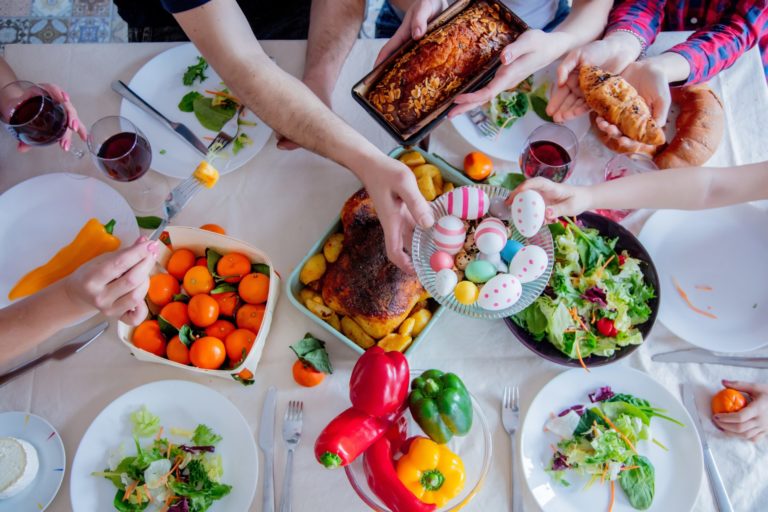 View at Easter holiday table with food.