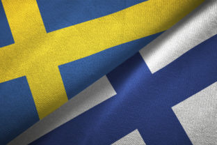 Finland and Sweden two flags together textile cloth fabric texture