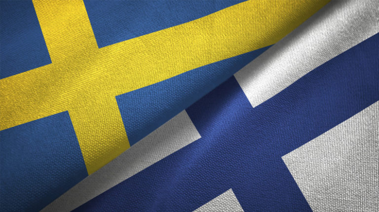 Finland and Sweden two flags together textile cloth fabric texture