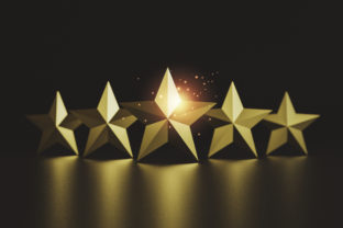 Gold five star on dark background for excellent rate of customer evaluation by 3d render.