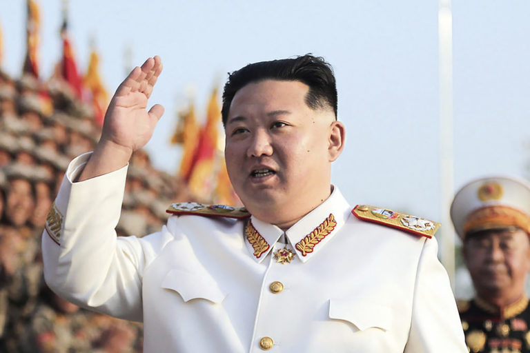 FILE - In this photo provided by the North Korean government, North Korean leader Kim Jong Un acknowledges the officers and soldiers who took part in a celebration the 90th founding anniversary of the Korean People's Revolutionary Army, in North Korea on April 27, 2022. Independent journalists were not given access to cover the event depicted in this image distributed by the North Korean government. The content of this image is as provided and cannot be independently verified. Korean language watermark on image as provided by source reads: "KCNA" which is the abbreviation for Korean Central News Agency.