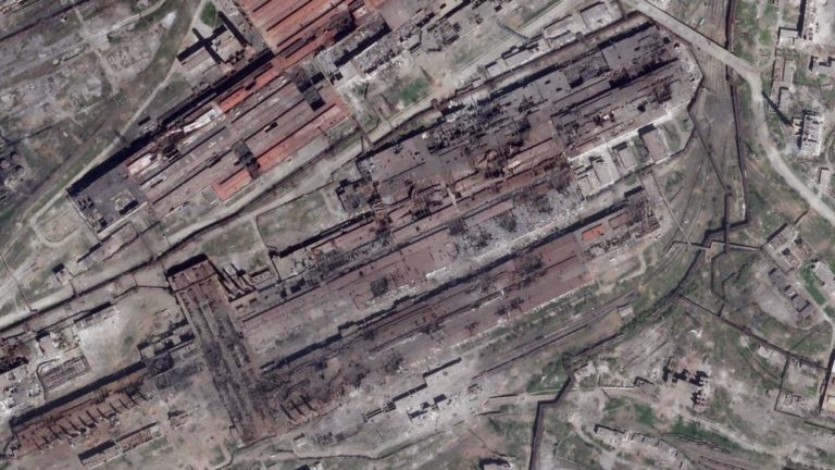 This satellite image from Planet Labs PBC shows damage at the Azovstal steelworks in Mariupol, Ukraine, Wednesday, April 27, 2022. ()