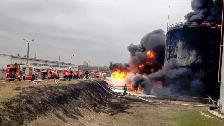 Russia Ukraine In this handout photo released by Russian Emergency Ministry Press Service on Friday, April 1, 2022, firefighters work at the site of fire at an oil depot in Belgorod region, Russia. The governor of the Russian border region of Belgorod accused Ukraine of flying helicopter gunships into Russian territory and striking an oil depot Friday morning. The depot is run by Russian energy giant Roseneft about 21 miles from the border. The governor says it was set ablaze by the attack that left two people injured. If confirmed, it would be the first attack of its kind by Ukrainian forces inside Russia. 