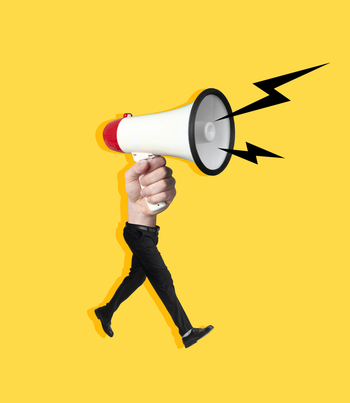 Contemporary art collage. Composition with business man with hand instead body holding megaphone sounds like a siren. Concept of art, surrealism, news, news, info