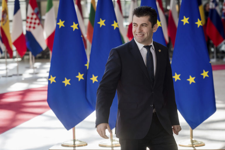 Prime Minister of Bulgaria Kiril Petkov arrives for the second day's session of an extraordinary meeting of EU leaders to discuss Ukraine, energy and food security at the Europa building in Brussels,