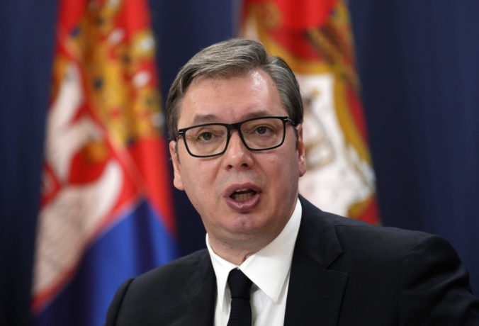 Serbian President Aleksandar Vucic addresses the nation at a news conference in Belgrade, Serbia, Friday, May 6, 2022. Despite having to pay a big price Serbia for not introducing sanctions to Russia, Serbia will not do it ,Vucic said, but despite that the country will stay on its path toward the EU.