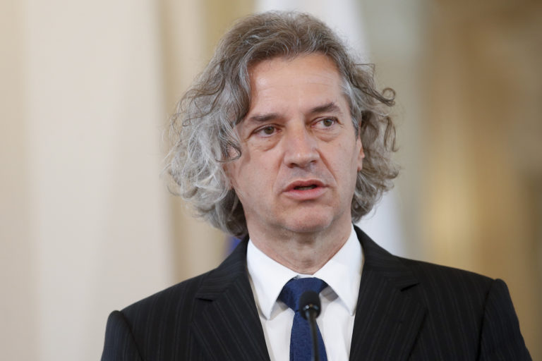 FILE - Robert Golob, the leader of the Freedom Movement party, speaks after meeting with President Borut Pahor, in Ljubljana, Slovenia, Tuesday, April 26, 2022. Slovenia’s president has appointed the leader of a liberal-green party that won last month’s election as the country's new prime minister designate. President Borut Pahor’s announcement paves the way for the formation of a new government in Slovenia in the coming weeks. Lawmakers will vote to confirm the appointment on Wednesday, May 25, 2022. Robert Golob, a former business executive and a newcomer in politics, says he aims to have a coalition government in place by mid-June in the small European Union nation.