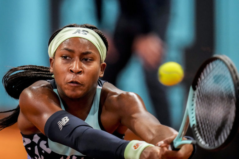 Cori Gauff of the U.S. returns the ball against Anna Karolina Schmiedlova of Slovakia during their match at the Mutua Madrid Open tennis tournament in Madrid