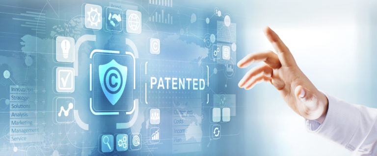 Patented intellectual property right management concept patent button on virtual screen.