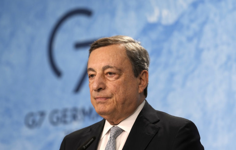 Italy's Prime Minister Mario Draghi addresses a media conference during the G7 summit at Castle Elmau in Kruen, Germany, on Tuesday, June 28, 2022. The Group of Seven leading economic powers are concluding their annual gathering on Tuesday