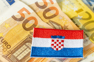 The flag of Croatia against the background of the single currency of the European Union, The concept of Croatia joining the Euro zone