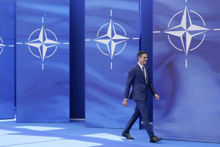 Spain's Prime Minister Pedro Sanchez arrives to pose for photos with NATO Secretary General Jens Stoltenberg at the NATO summit at NATO headquarters in Brussels, Monday, June 14, 2021. Russia’s invasion of Ukraine is certain to dominate an upcoming NATO summit in Madrid. But host nation Spain and other members are quietly pushing the Western alliance to consider how mercenaries aligned with Russian President Vladimir Putin are spreading Moscow’s influence in Africa. ()
