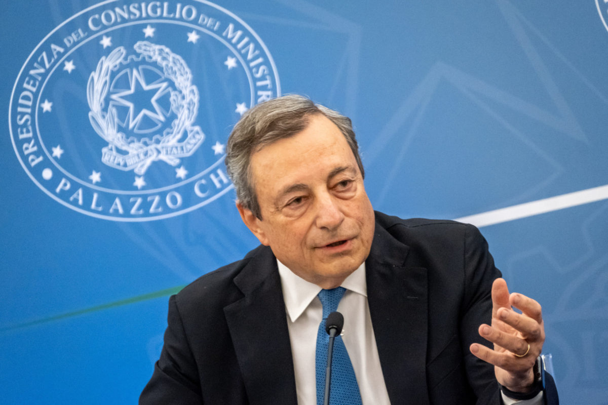 Italian Premier Mario Draghi meets the media in Rome, Tuesday, July 12, 2022. Premier Mario Draghi insisted Tuesday his government was able to continue working despite tensions with the 5-Star Movement, but he warned that it can’t function if coalition members make ultimatums. Draghi briefed reporters after meeting with unions on the government’s latest efforts to mitigate the effects of soaring inflation and high energy costs on workers, families and industries. ()