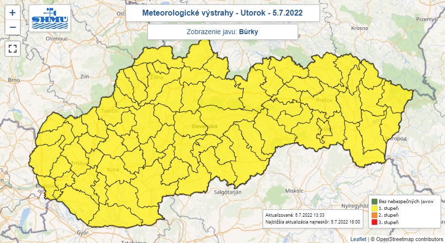 Výstraha, búrky, utorok