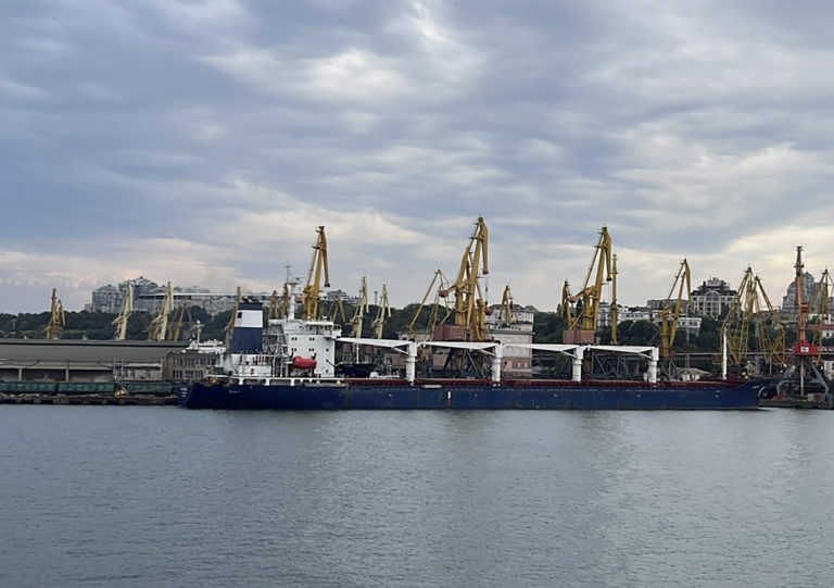 In this photo provided by the Ukrainian Infrastructure Ministry Press Office, the Razoni cargo ship, under the flag of Sierra Leone, with 26,000 tons of the Ukrainian corn aboard, leaves the port in Odesa region, Ukraine, Monday, Aug. 1, 2022. The first ship carrying Ukrainian grain set off from the port of Odesa on Monday under an internationally brokered deal and is expected to reach Istanbul on Tuesday, where it will be inspected, before being allowed to proceed