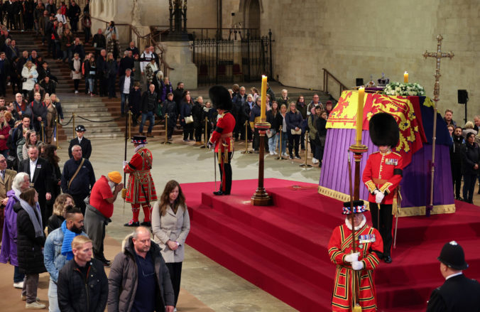 Members of the public pay their respects as they pass the coffin of Queen Elizabeth II, Lying in State inside Westminster Hall, at the Palace of Westminster in London