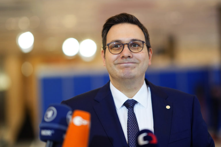 Czech Republic's Foreign Minister Jan Lipavsky arrives for a meeting of EU Foreign Ministers at the Prague Congress Center in Prague, Czech Republic