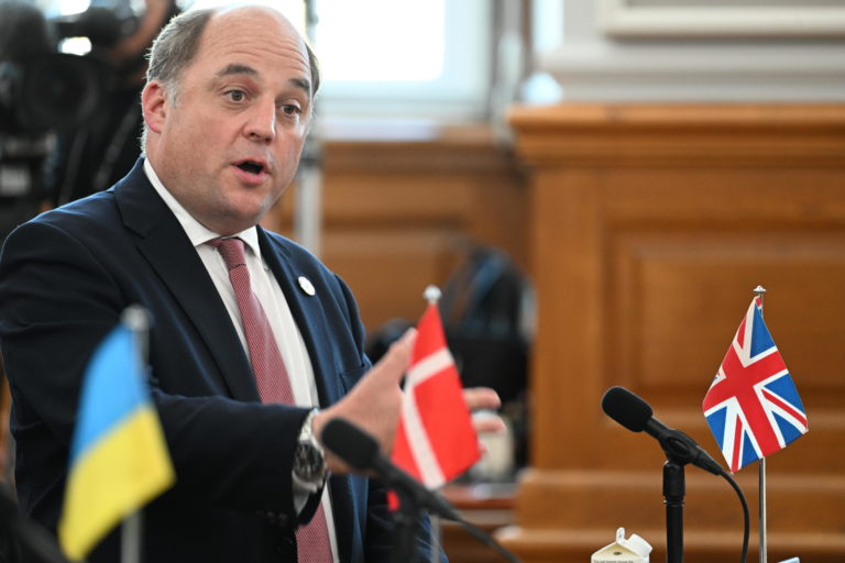 British Defence Secretary Ben Wallace speaks during the closing presser of the donor conference for Ukraine at Christiansborg Palace in Copenhagen, Thursday, Aug. 11, 2022. The international donation conference will strengthen the long-term support for Ukraine with discussions on how financing, weapons production, training and demining can be strengthened going forward