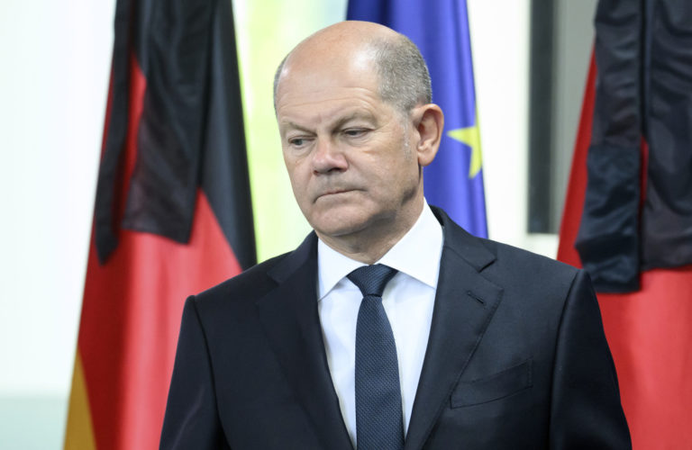 German Chancellor Olaf Scholz speaks on Thursday's death of Britain's Queen Elizabeth II, at the Chancellor's Office in Berlin, Friday, Sept. 9, 2022. Queen Elizabeth II, Britain's longest-reigning monarch and a rock of stability across much of a turbulent century, died Thursday Sept. 8, 2022 at the age of 96 after 70 years on the throne