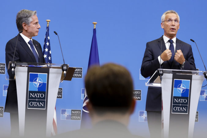 U.S. Secretary of State Antony Blinken, left, and NATO Secretary General Jens Stoltenberg participate in a media conference after a meeting of NATO ambassadors at NATO headquarters in Brussels