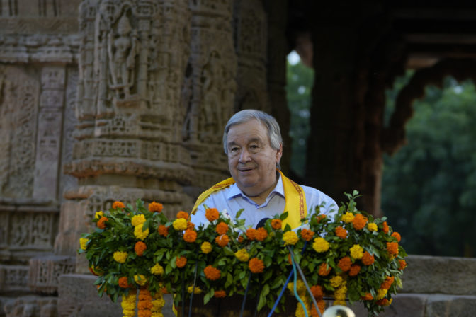 U.N. Secretary-General Antonio Guterres addresses media during his visit to Sun Temple at Modhera in Mehsana district of western Gujarat state, India, Thursday, Oct. 20, 2022. Guterres in on a visit to India and Vietnam