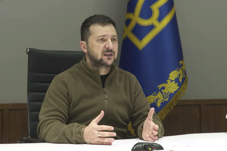 In this image from video provided by the Ukrainian Presidential Press Office, Ukrainian President Volodymyr Zelenskyy speaks during the video conference of the leaders of the Group of Seven and Ukraine, in Kyiv, Ukraine, Tuesday, Oct. 11, 2022. ()